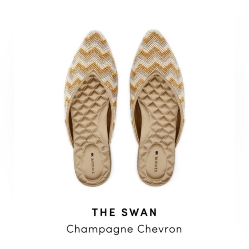 Birdies The Swan Gold White Champagne Chevron Holiday Almond Toe Mules size 7 - Picture 2 of 10